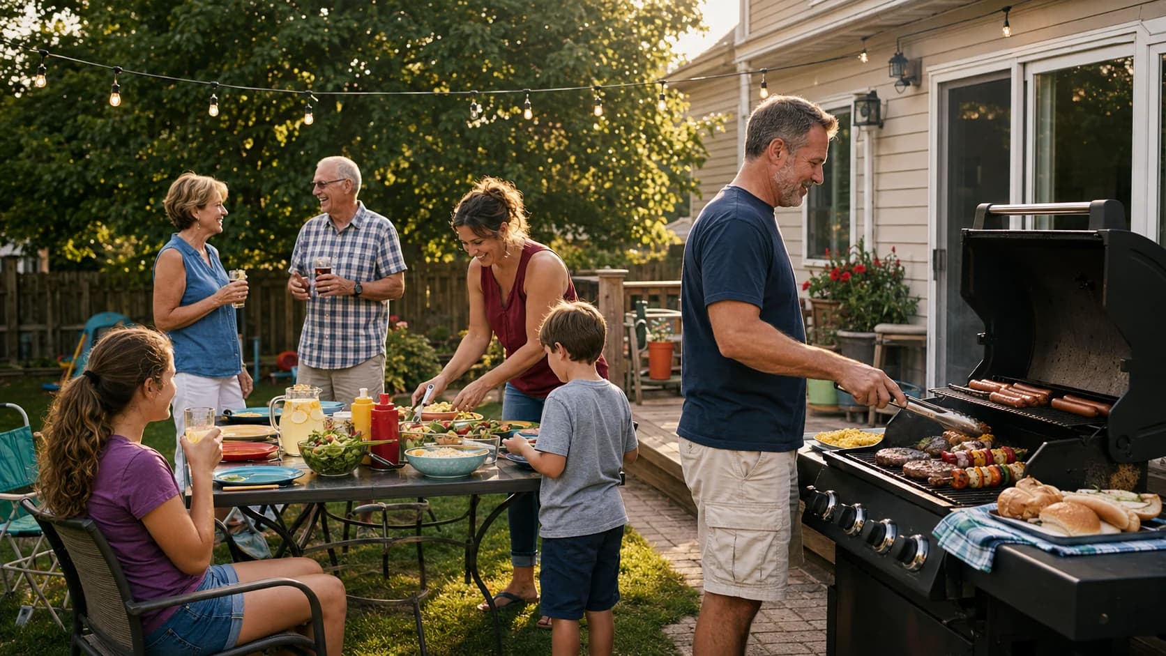 Adults and children preparing a meal together in a backyard