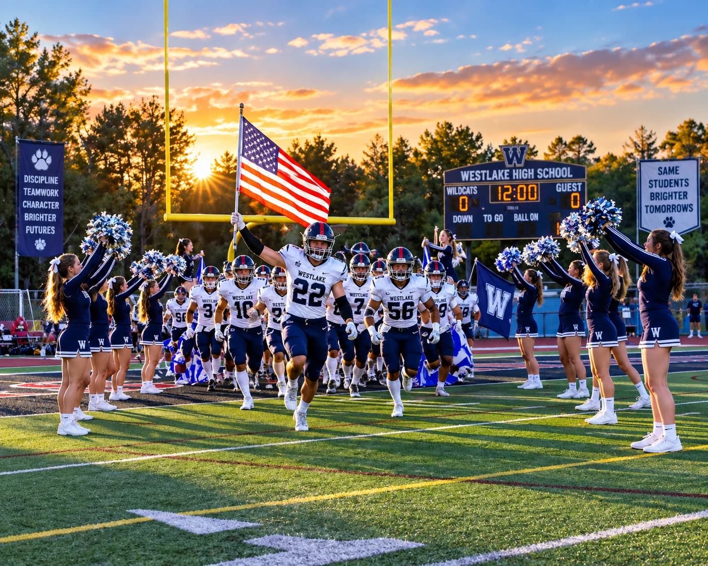 Football players and cheerleaders entering a school sports field at sunset