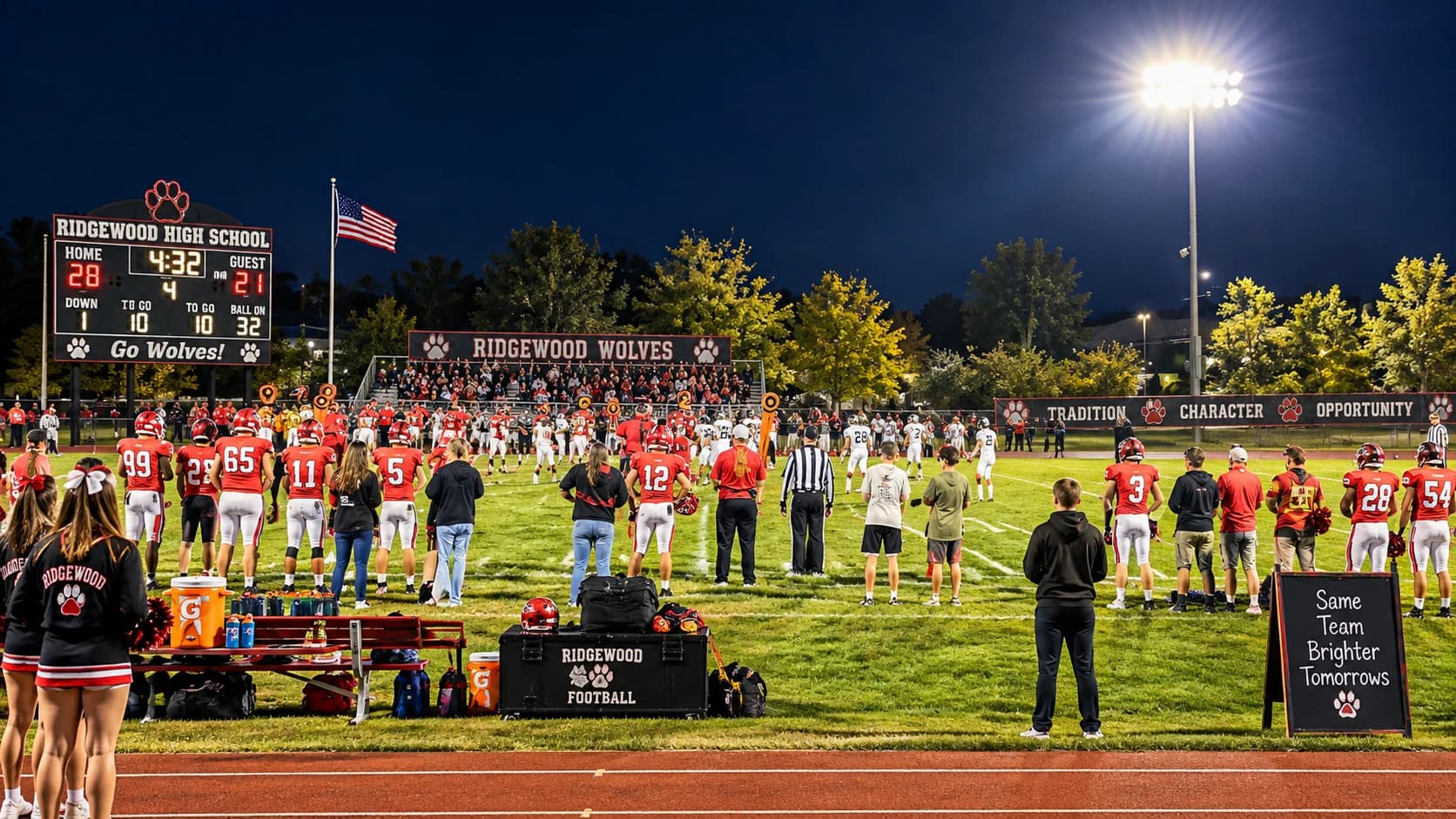 Players and spectators at an evening high school football game