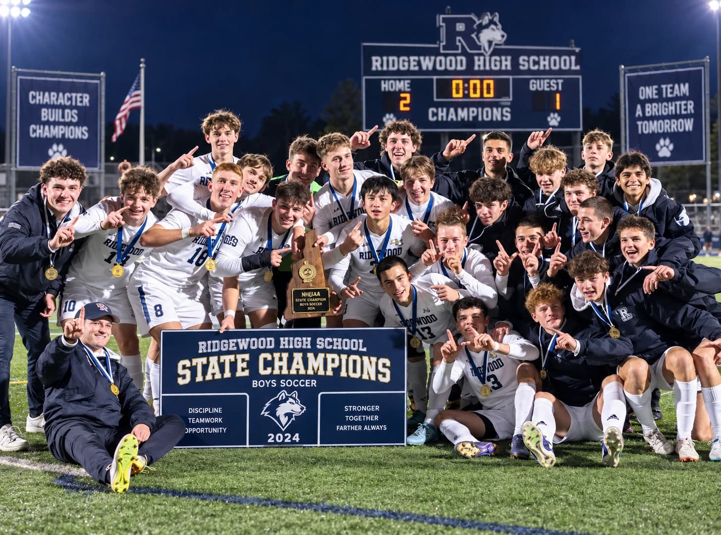 A school soccer team gathered around a championship trophy