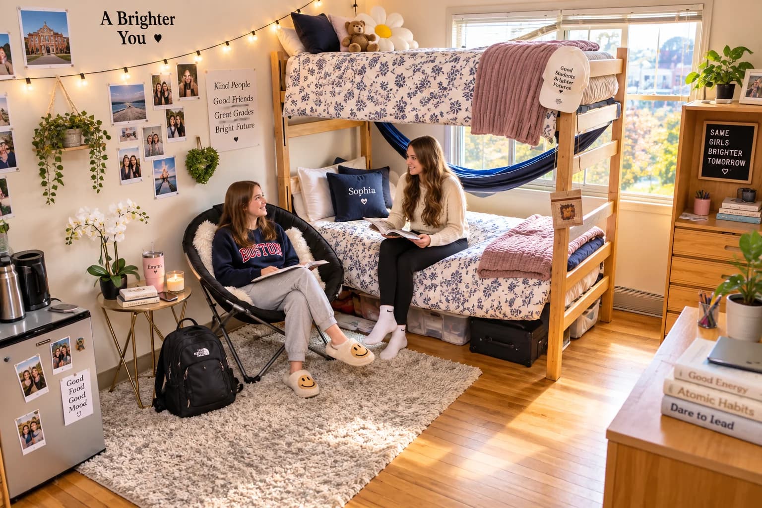 Two students talking beside a bunk bed in a shared room