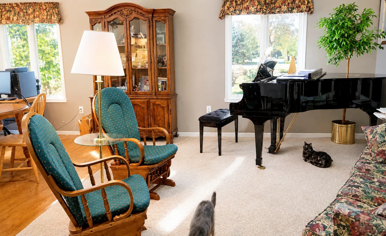 A bright living room with armchairs, a piano and house plants